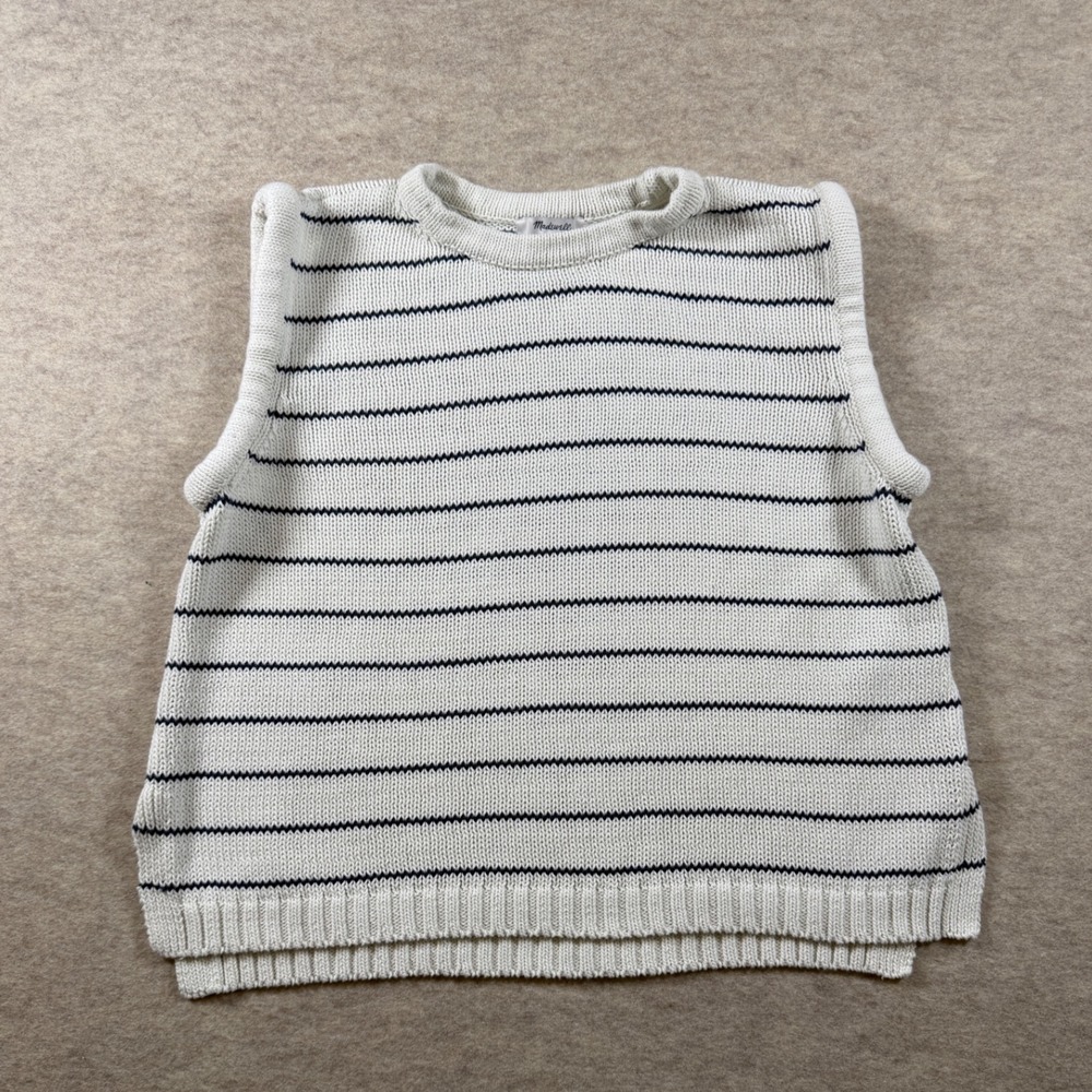 Madewell Puff-Trim Cotton Linen Sweater Vest Ivory Blue Striped Sz XL Fisherman